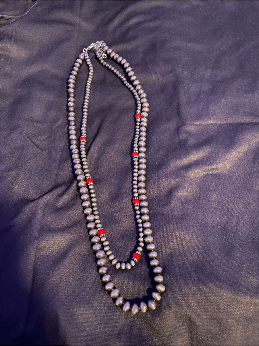 SHEIN Gray Beaded Double Strand Necklace with Red Accents